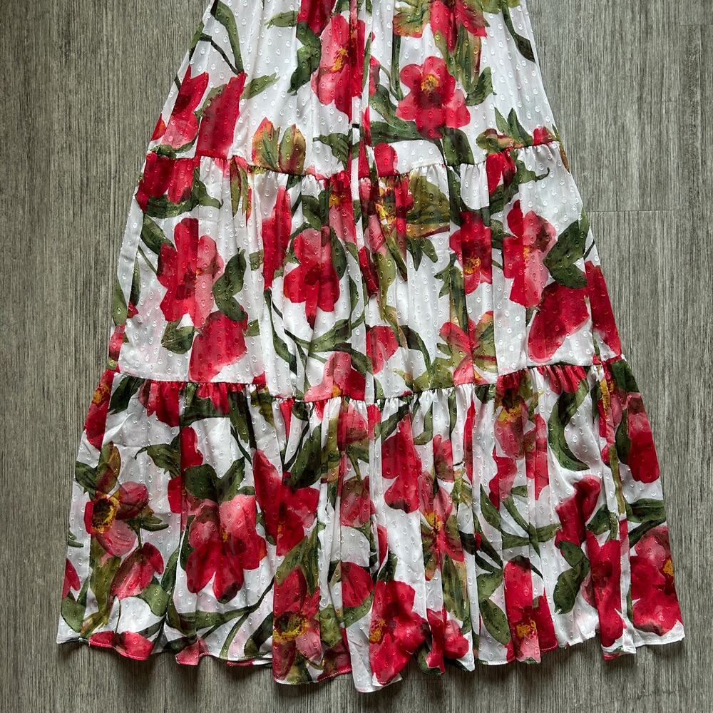 Anne Klein White Red Green Floral Short Sleeve Tier Long Maxi Dress Size Medium - Picture 5 of 11